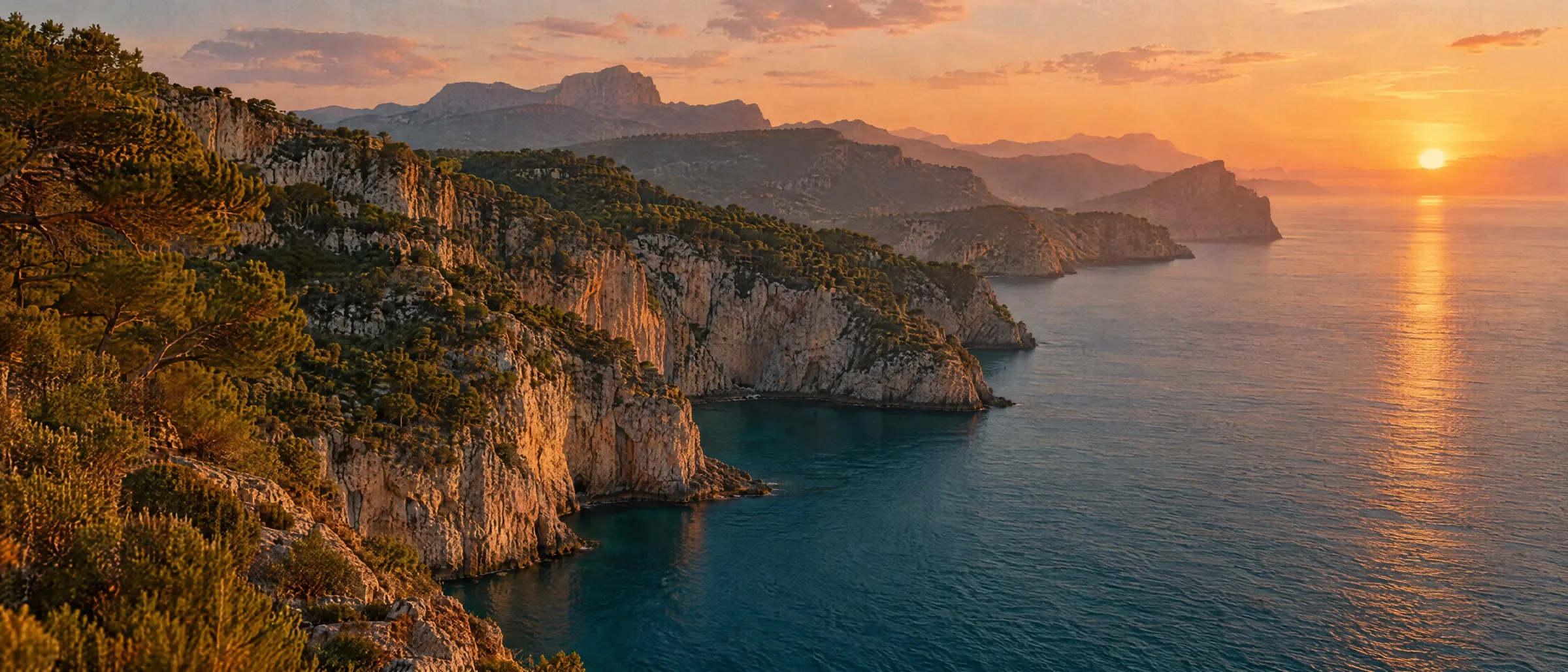 Abendlicht über den Kalksteinklippen der mallorquinischen Küste